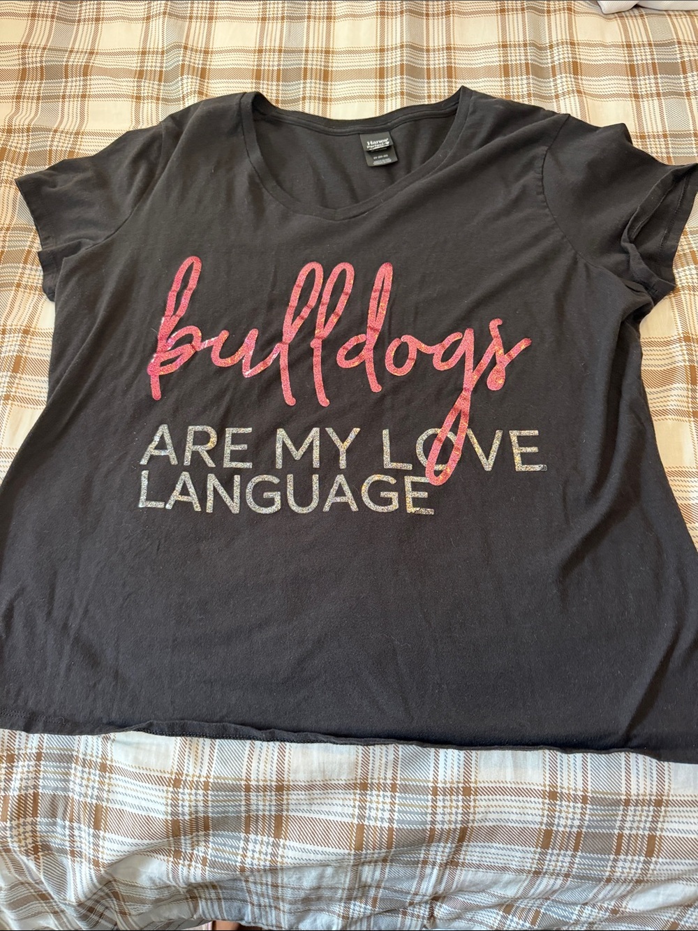 Hanes Black Short-Sleeve Tee with Pink Script & Silver Metallic Text bulldogs